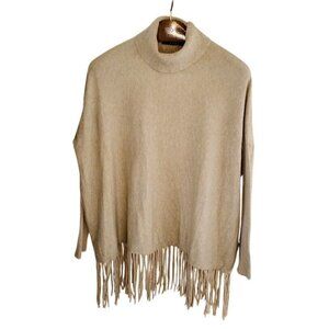 Cyrus Beige Fringe Hem Sweater Women’s Medium | Cozy Mock Neck Knit Boho Chic